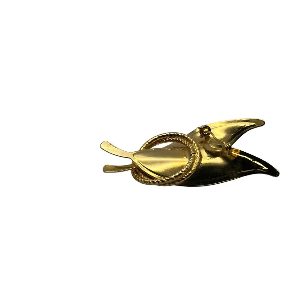 Vintage Brooch 2 Leaves Brushed Gold Tone in Textured Circles Lapel Pin‎